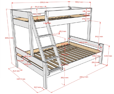 Lit superposé-PRIMO LIT DE FAMILLE 140 x 200 cm + 90 x 200 cm BLANC-Vipack-mailleux-2