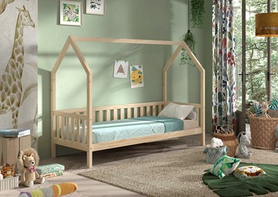 Lit enfant-CABANE LIT AVEC GRILLE 90 x 200 cm NATUREL-Vipack-mailleux-1