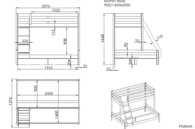 Lit superposé-PINO LIT DE FAMILLE 140 x 200 cm + 90 x 200 cm NATUREL-Vipack-mailleux-2