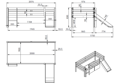Lit mi-hauteur-PINO LIT MI-HAUTEUR BAS AVEC TOBOGGAN 90 x 200 cm BLANC-Vipack-mailleux-2