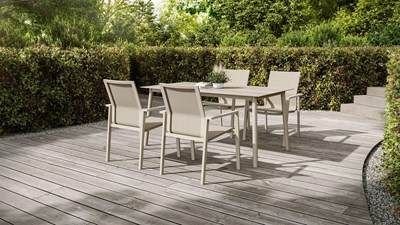 durham, beja - dining table 160x90 - alu dune, batyline sand, travertino white 001 - lf3d