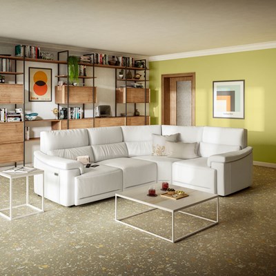 Canapé d'angle intégré dans l'aménagement d'un salon contemporain