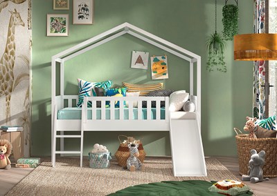 Lit mi-hauteur-DALLAS LIT CABANE AVEC TOBOGGAN 90 x 200 cm BLANC-Vipack-mailleux-1